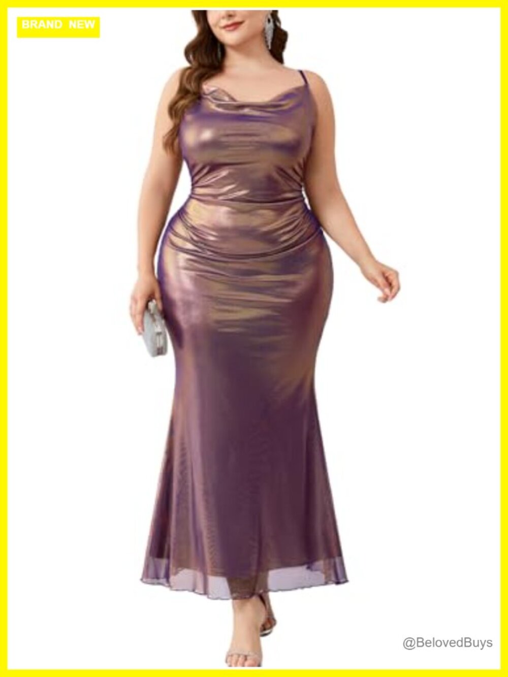ZOMVA Plus Size Sparkly Metallic Mesh Mermaid Dress Cowl Neck Bodycon Gown